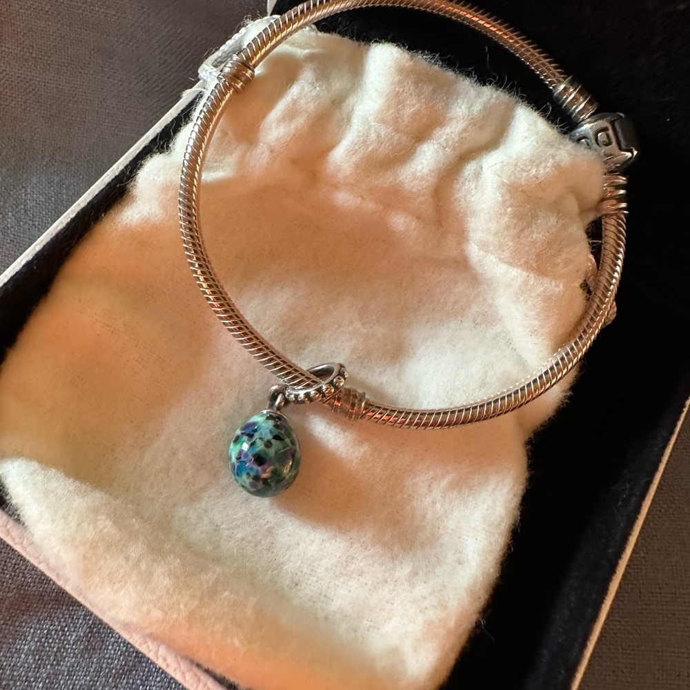Pandora Bracelet with Blue, Purple, & Green Speckled Beauty Murano Glass Bead